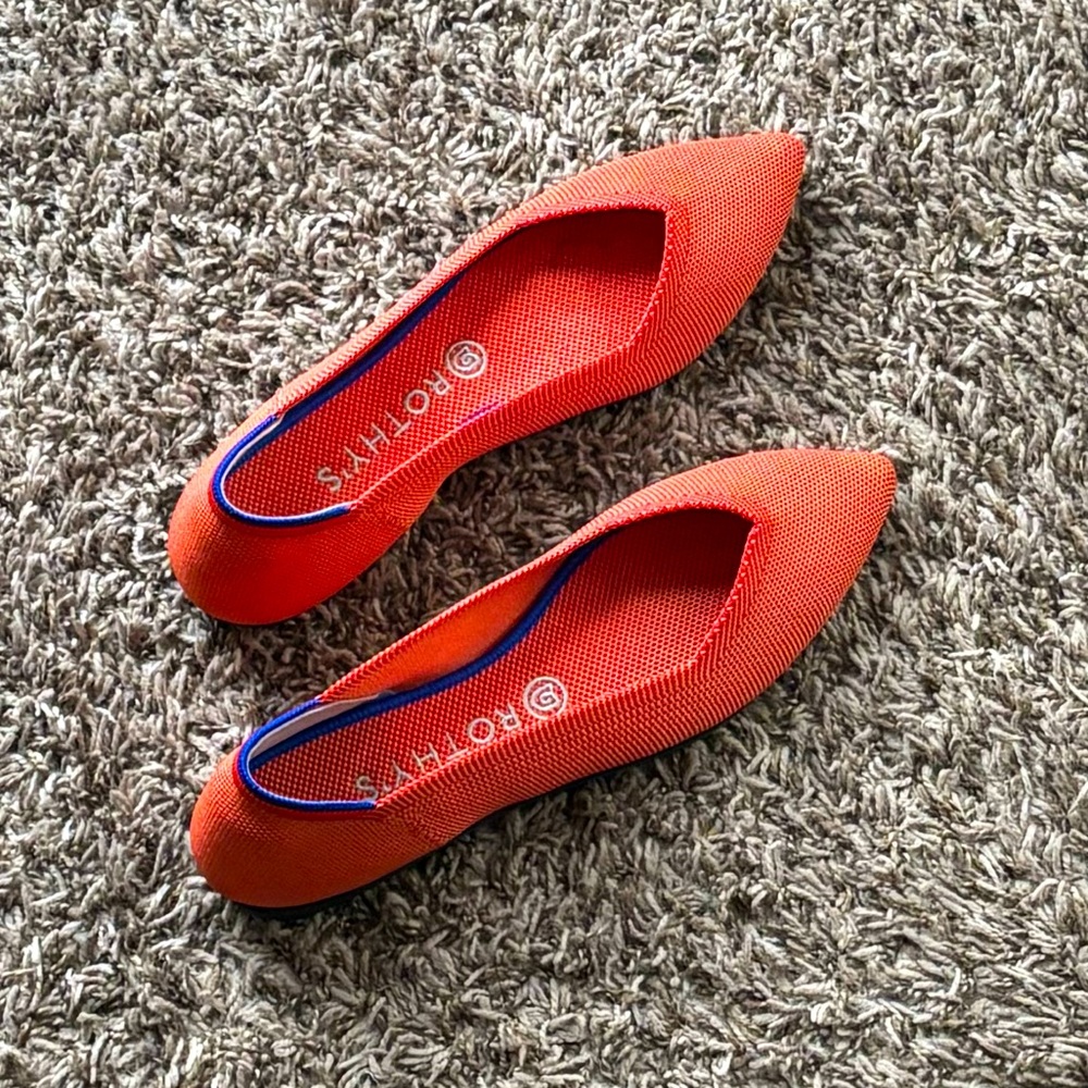 Rothy's Pointed Knit Ballet Flats in Bright Red with Blue Trim